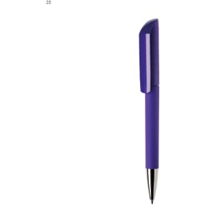 A purple plastic pen with a textured grip and a silver tip. It features a logo on the barrel.