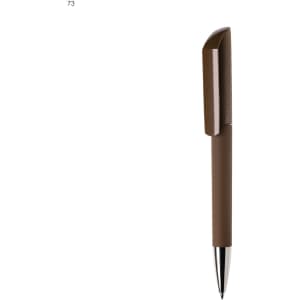 A brown plastic pen with a sleek design and a silver tip, featuring a logo on the body.
