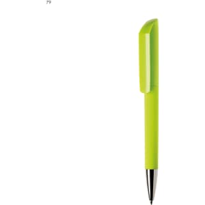 A plastic pen in vibrant green, featuring a unique cap design and a shiny silver tip, with a logo on the barrel.