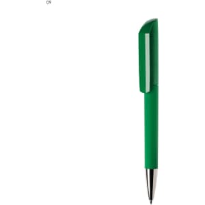 A green plastic pen with a textured grip and a shiny silver tip; features a logo on the body.