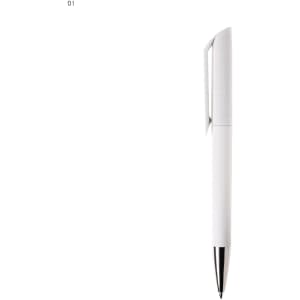 A white plastic pen with a textured grip and a shiny silver tip. The pen features a branding logo.