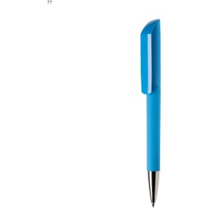 A blue plastic pen with a textured grip and a shiny metallic tip. Features a logo on the body.