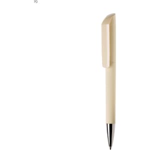 A beige plastic pen with a textured grip and a shiny silver tip. It features a logo on one side.