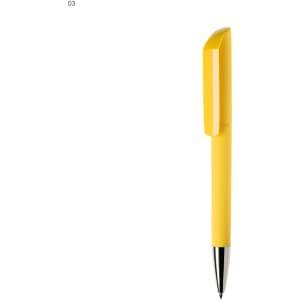 A yellow plastic pen with a sleek design and a metallic tip. It features a logo on the body.