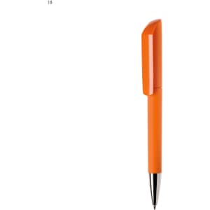 An orange plastic pen with a textured grip and a shiny silver tip, featuring a logo on the barrel.