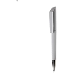 A plastic pen in light grey with a smooth body and a textured cap, featuring a silver tip and a logo.