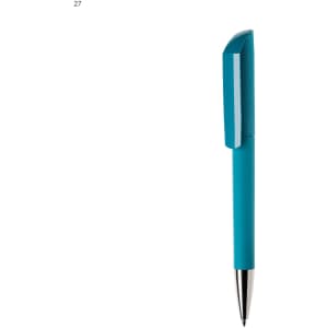 A teal plastic pen with a textured grip and a shiny silver tip, featuring a brand logo.