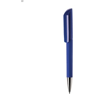 A blue plastic pen with a rounded cap and a silver tip, featuring a logo on the body.