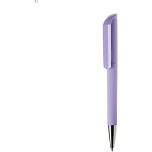 A plastic pen in a soft lavender colour with a textured grip and shiny metal tip, featuring a logo.