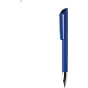A blue plastic pen with a textured grip and a silver tip, featuring a logo on the body.