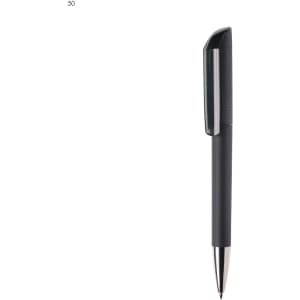 A black plastic pen with a sleek design and a textured grip, featuring a metallic tip. It has a logo on the barrel.
