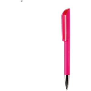 A pink plastic pen with a shiny clip and silver tip, featuring a branding logo.