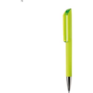 A green plastic pen with a translucent green cap and a silver tip, featuring a logo on the barrel.