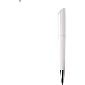 A white plastic pen with a textured clip and silver nib, featuring a logo on the body.