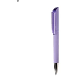 A purple plastic pen with a translucent clip and a metallic tip. The pen features a logo on the barrel.