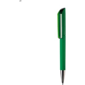 A green plastic pen featuring a sleek design and a clip. The pen has a shiny silver tip and a branding logo.