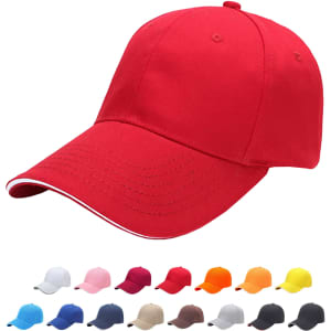 A red six-panel heavy acrylic cap with a curved brim and a logo, displayed with various colour options.