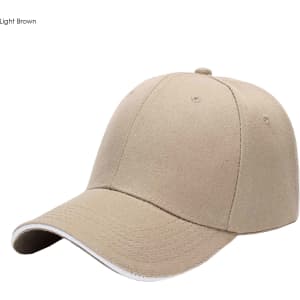 A light brown cap with a classic six-panel design and a curved brim, featuring a logo.