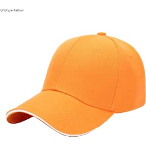 An orange-yellow heavy acrylic sandwich cap with a curved brim and contrasting trim, featuring a logo.