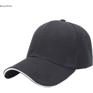 A black heavy acrylic sandwich cap with a white trim and a logo on the front.