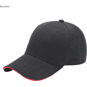 A black and red six-panel acrylic sandwich cap with a curved brim and a logo on the front.