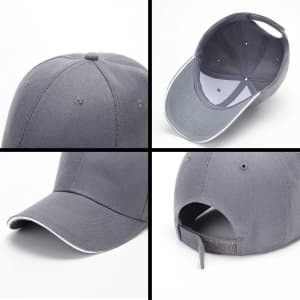 A grey 6-panel heavy acrylic sandwich cap featuring a logo, with an adjustable strap at the back.