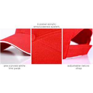 A red six-panel acrylic cap with embroidered eyelets, a pre-curved white trim peak, and an adjustable Velcro strap.