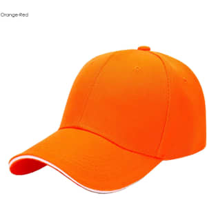 An orange-red six-panel heavy acrylic sandwich cap with white detailing on the brim and a logo on the front.