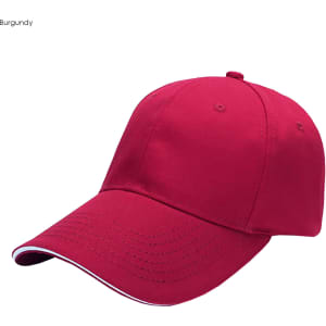 A burgundy six-panel heavy acrylic sandwich cap with a logo. Suitable for casual wear and outdoor activities.