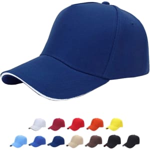 A blue 5-panel heavy acrylic sandwich cap with a white trim, featuring various coloured caps arranged below.