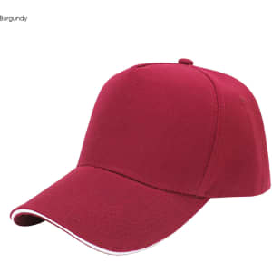 A burgundy heavy acrylic sandwich cap with a logo, featuring a curved brim and contrasting trim.