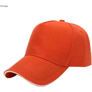 An orange heavy acrylic sandwich cap featuring a curved brim and a decorative seam. It includes a logo on the front.