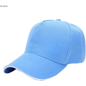 A sky blue heavy acrylic sandwich cap with a curved brim and a logo on the front.