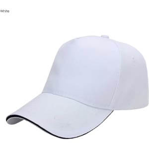 A white five-panel heavy acrylic sandwich cap with a contrasting trim and a logo.