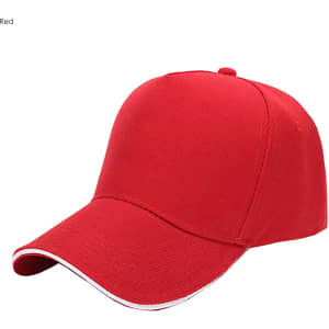 A red 5 panel heavy acrylic sandwich cap with a decorative trim and a logo.