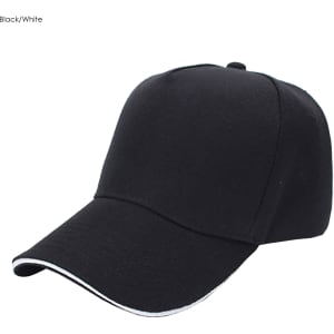 A black and white heavy acrylic five-panel cap with a curved brim and a logo.
