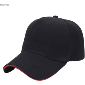 A black and red heavy acrylic cap with a curved brim and branded logo.