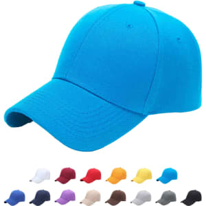 A bright blue six-panel heavy acrylic cap with various colour options displayed below. The cap features a logo.