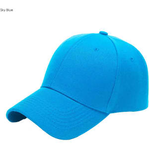 A sky blue six-panel heavy acrylic cap featuring a curved brim and a basic logo.