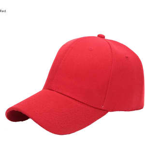 Red heavy acrylic cap with a six-panel design and a curved brim. The cap features a logo on the front.