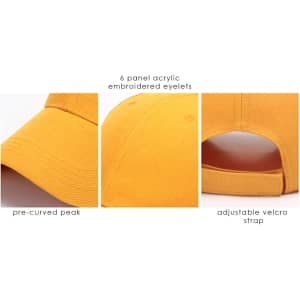 A yellow heavy acrylic cap featuring a pre-curved peak, embroidered eyelets, and an adjustable Velcro strap.