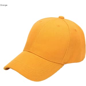 An orange six-panel heavy acrylic cap featuring a curved brim and a branded logo.