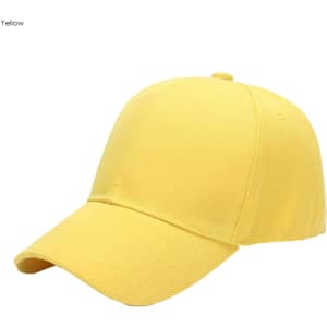 A yellow heavy acrylic cap with a six-panel design and a curved brim, featuring a logo.