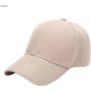 A creamy six-panel cap made of heavy acrylic, featuring a curved brim and a logo on the front.