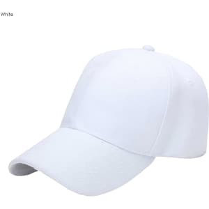 A white six-panel heavy acrylic cap with a curved brim and a logo.