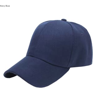 A navy blue heavy acrylic cap featuring a six-panel design and a logo on the front.
