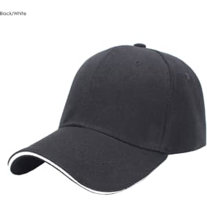 A black cotton cap with a white trim and a logo on the front. Features a classic six-panel design.
