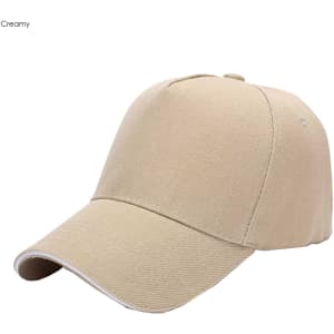 A creamy beige five-panel cap made of heavy cotton featuring a logo.