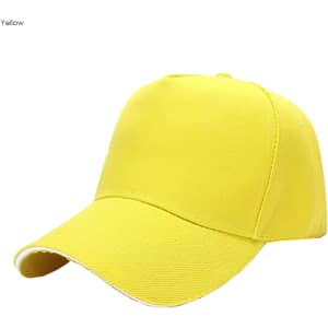 A yellow heavy cotton sandwich cap with a curved brim and a logo on the front.