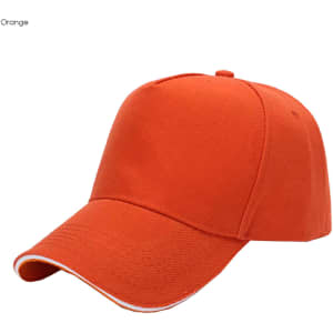 An orange heavy cotton sandwich cap featuring a logo and a structured five-panel design.